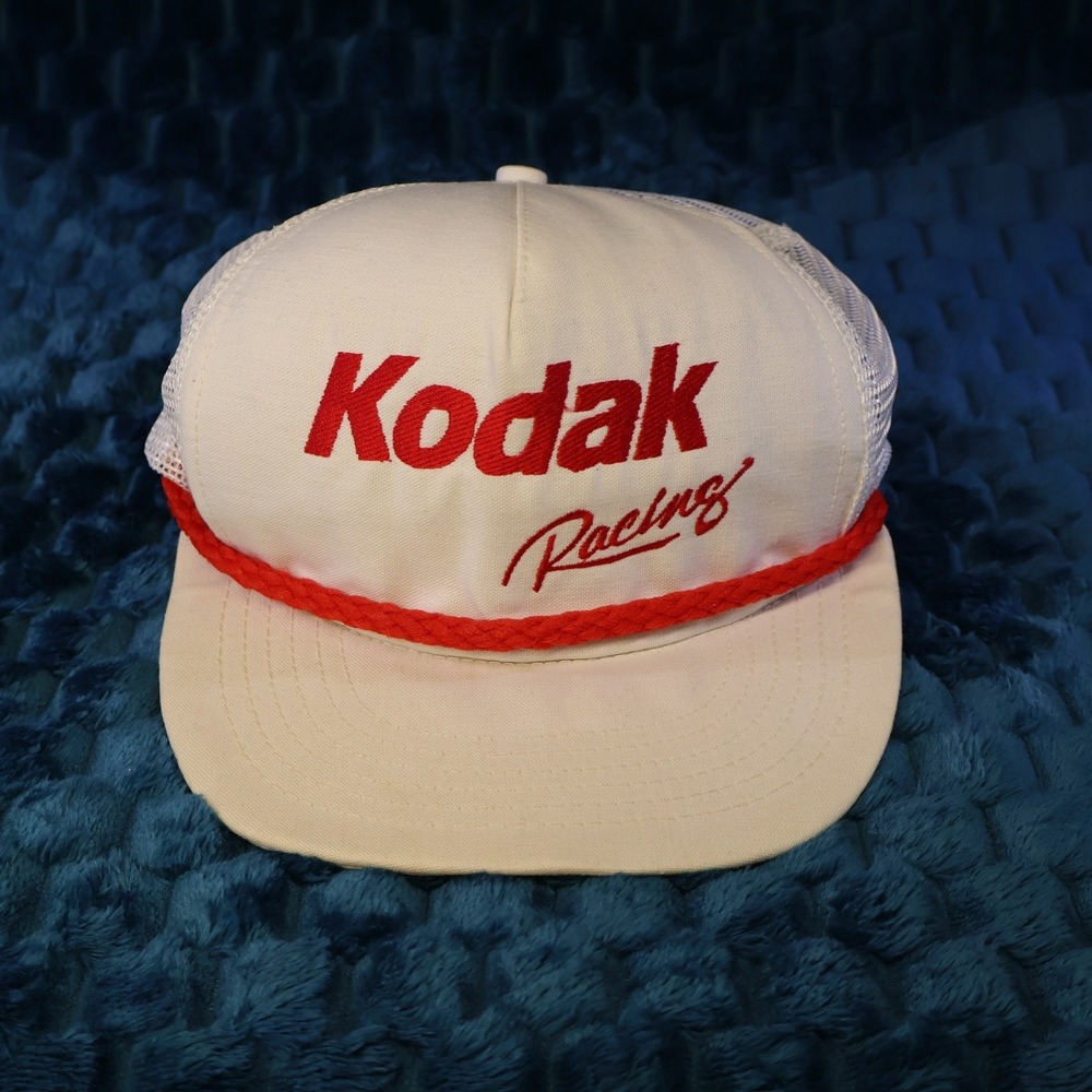 Kodak Mens OS Trucker Hat White Red Racing Rope Snapback Mesh Made in USA Vtg